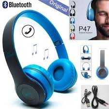 Wireless Headphones, P47 100% Orignal Blue   Bluetooth Foldable Headset with Microphone Support FM Radio TF for PC TV Smart Phones & Tablets Etc